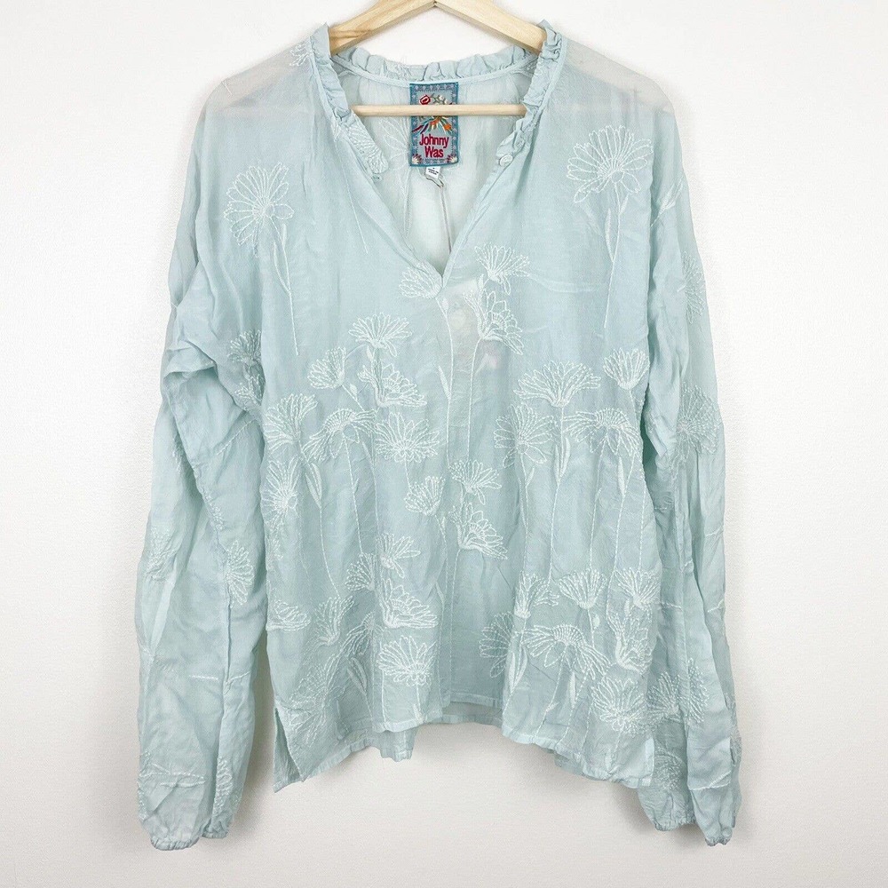 NWT Johnny Was Daisy Arianda Blouse Light Blue Embroidered Floral Size S $298